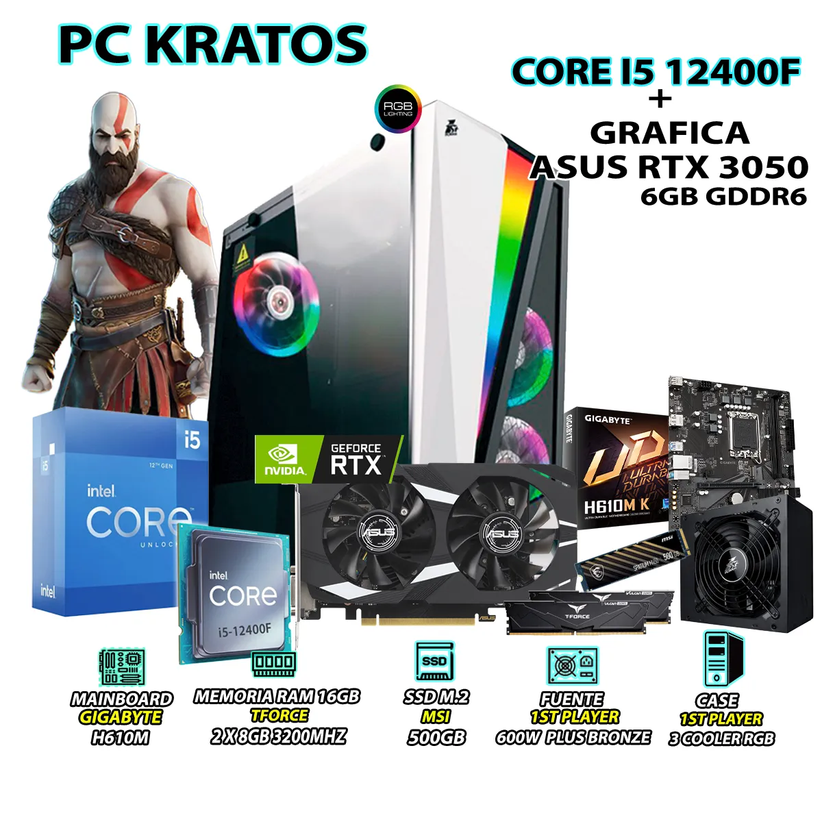 COMPUTADORA GAMER KRATOS CORE I5 12400F RAM 16GB SSD 500GB ASUS RTX 3050 6GB - 1