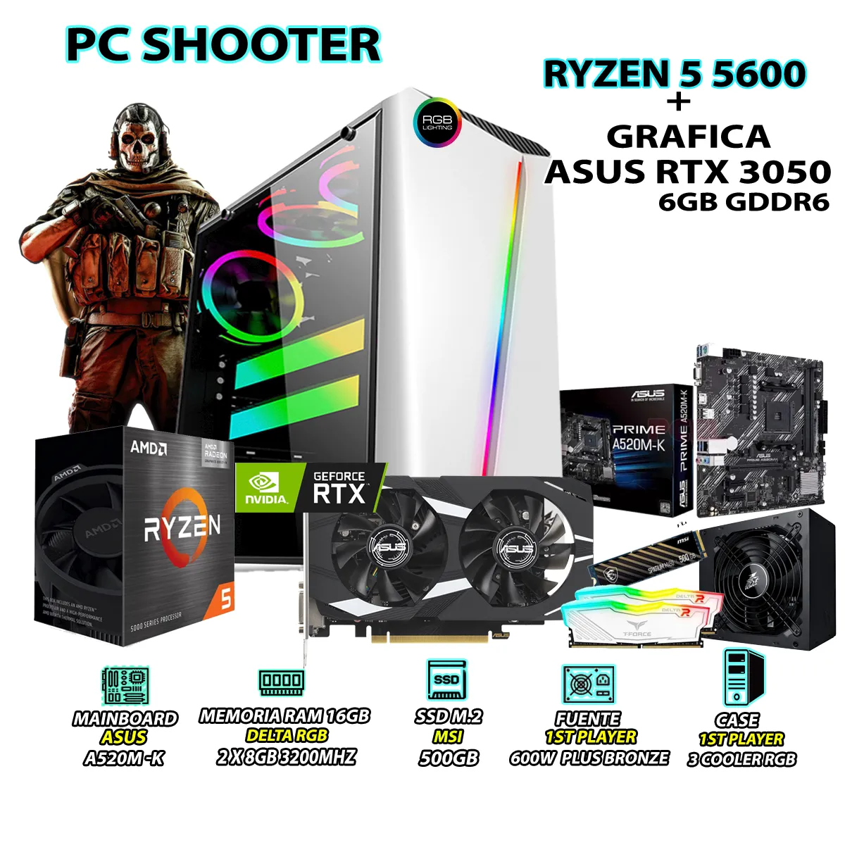 COMPUTADORA GAMER SHOOTER RYZEN 5 5600 RAM 16GB SSD 500GB ASUS RTX 3050 6GB - 1
