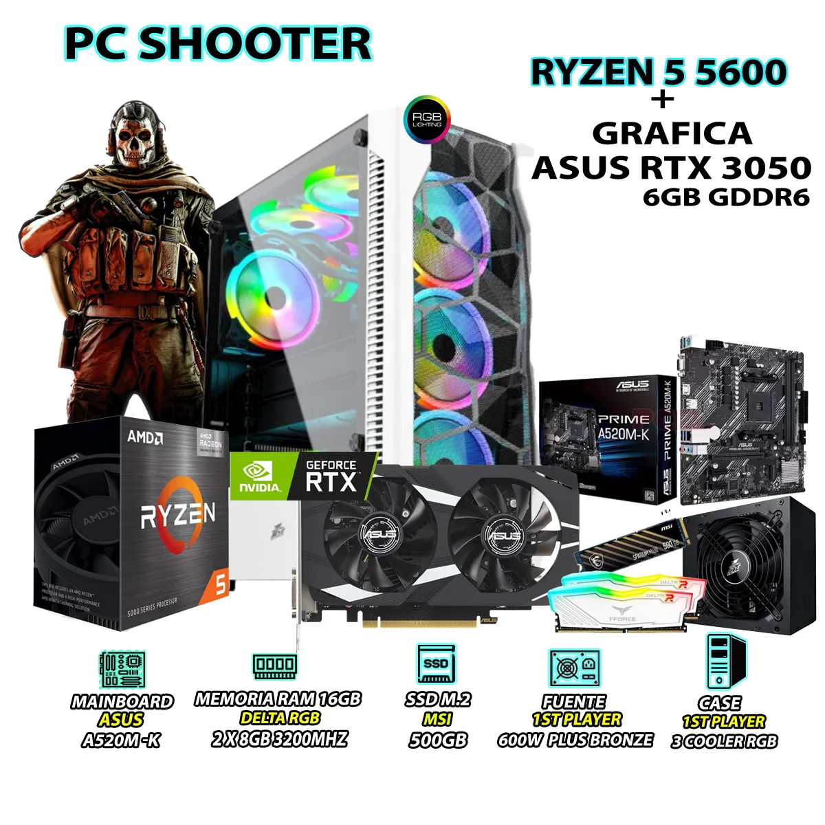 COMPUTADORA GAMER SHOOTER RYZEN 5 5600 RAM 16GB SSD 500GB ASUS RTX 3050 6GB - 1