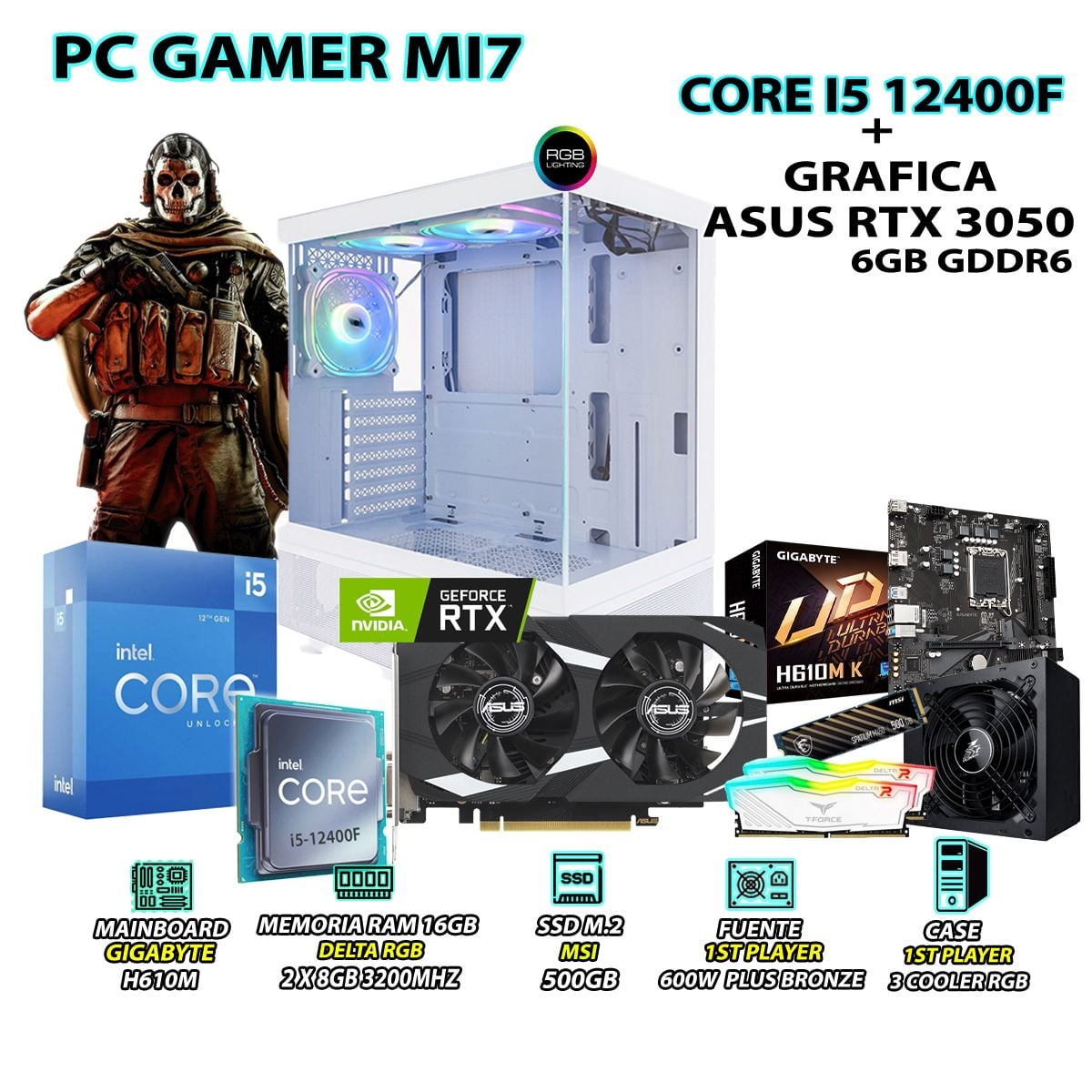 COMPUTADORA GAMER MI7 CORE I5 12400F RAM 16GB SSD 500GB ASUS RTX 3050 6GB - 1