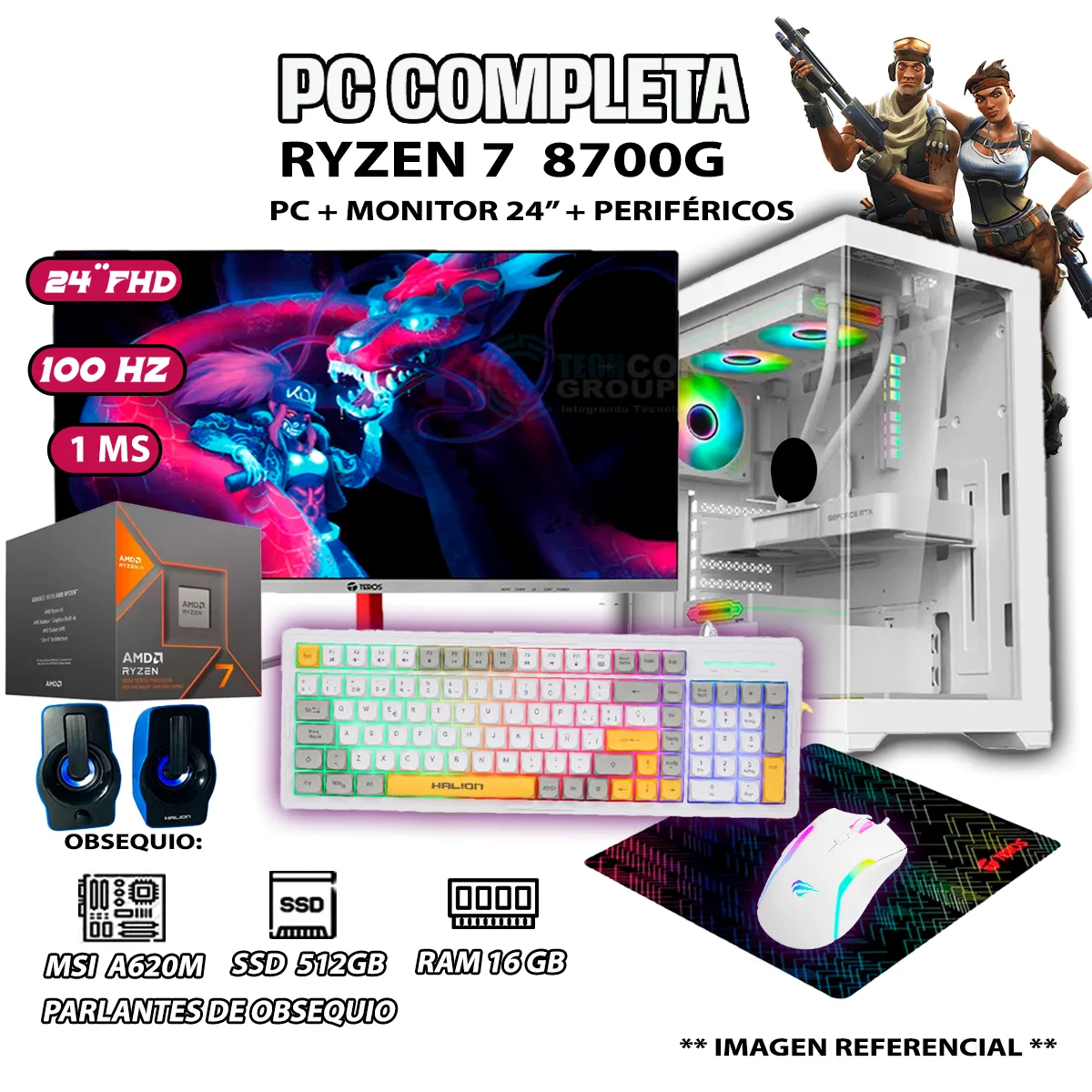 COMPUTADORA PC COMPLETA RYZEN 7 8700G RAM DDR5 16GB SSD 500GB MONITOR 24' FULL HD - 1