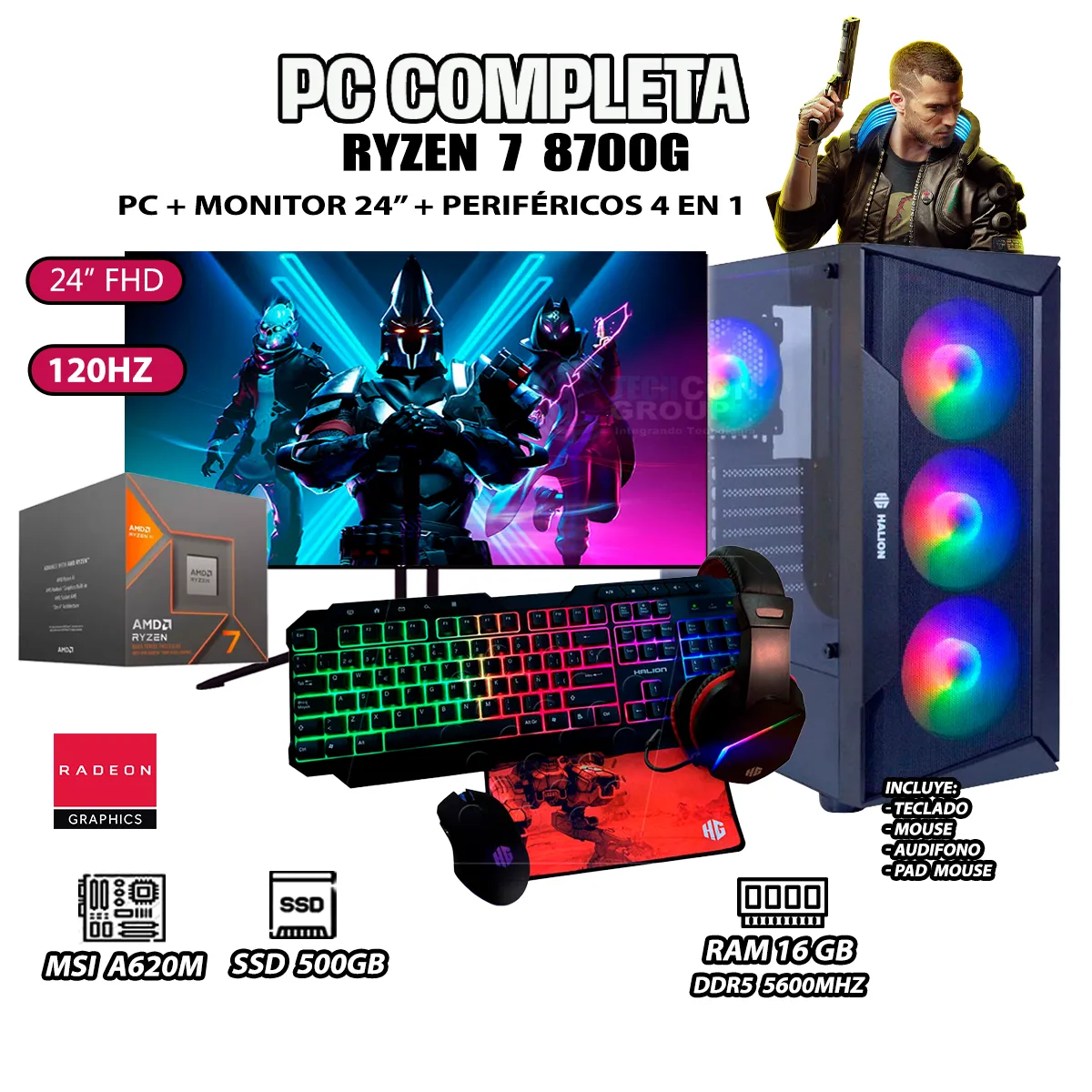 COMPUTADORA PC COMPLETA RYZEN 7 8700G RAM 16GB SSD 500GB MONITOR 24' FULL HD - 1