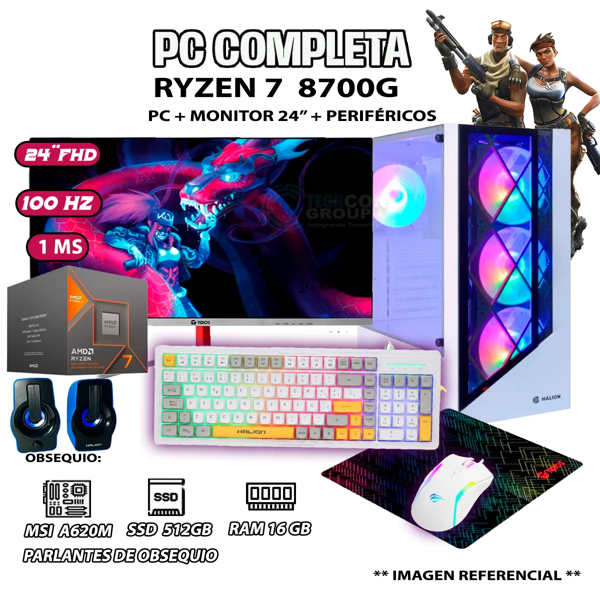 COMPUTADORA PC COMPLETA RYZEN 7 8700G RAM DDR5 16GB SSD 500GB MONITOR 24' FULL HD - 1