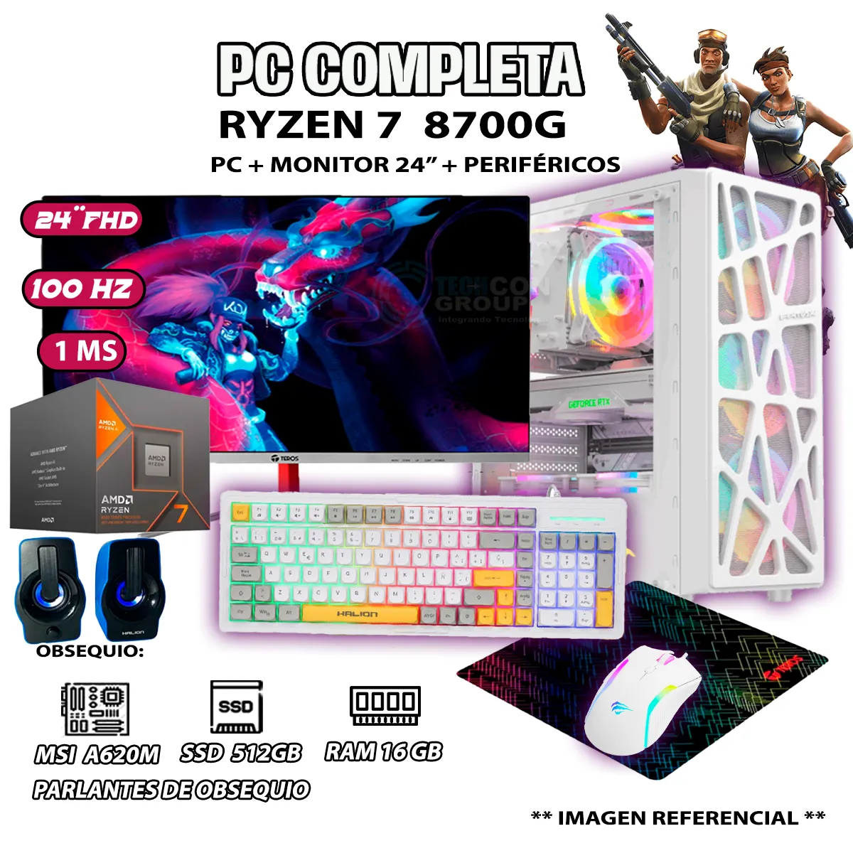COMPUTADORA PC COMPLETA RYZEN 7 8700G RAM DDR5 16GB SSD 500GB MONITOR 24' FULL HD - 1