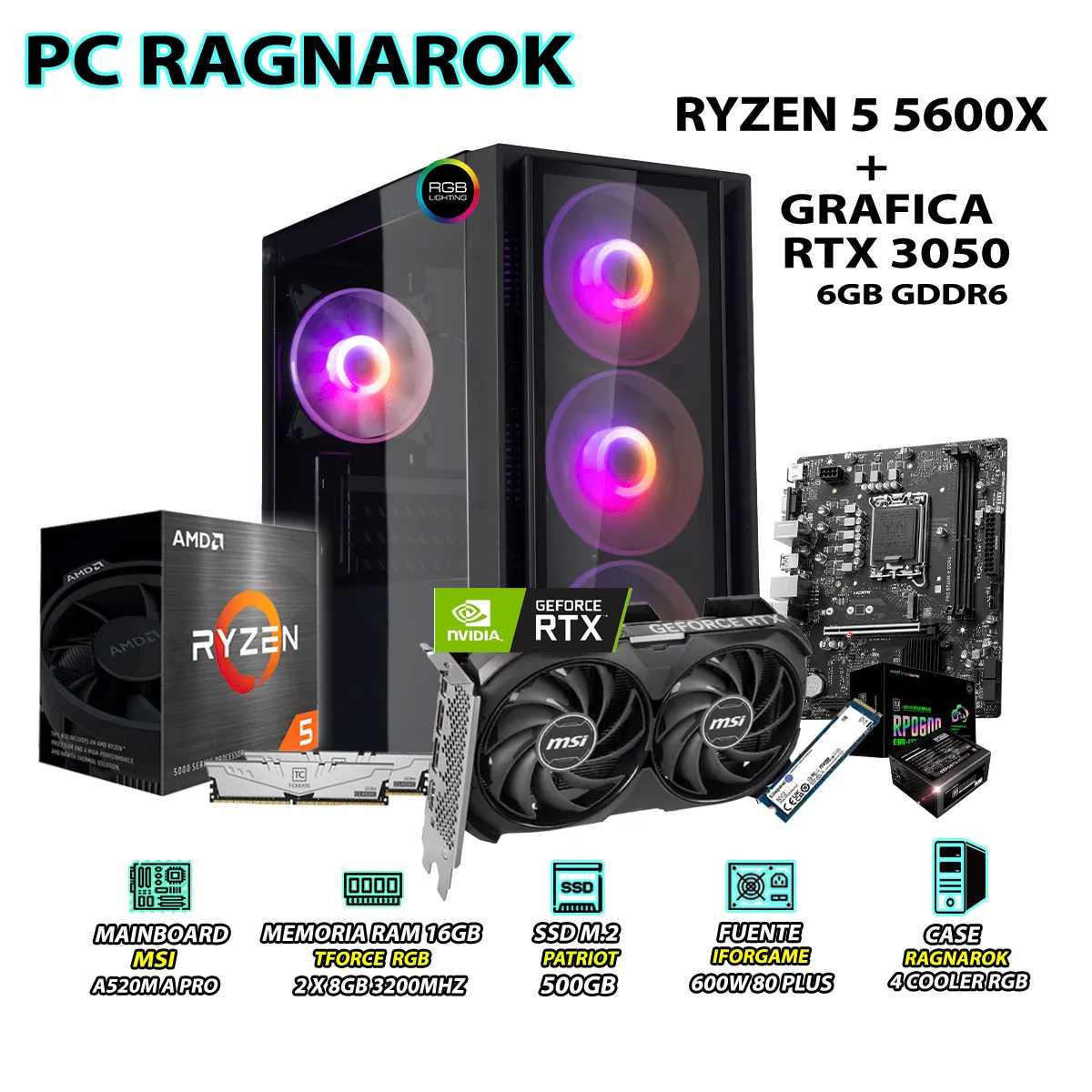 COMPUTADORA GAMER SHOOTER RYZEN 5 5600X RAM 16GB SSD 500GB MSI RTX 3050 6GB - 1