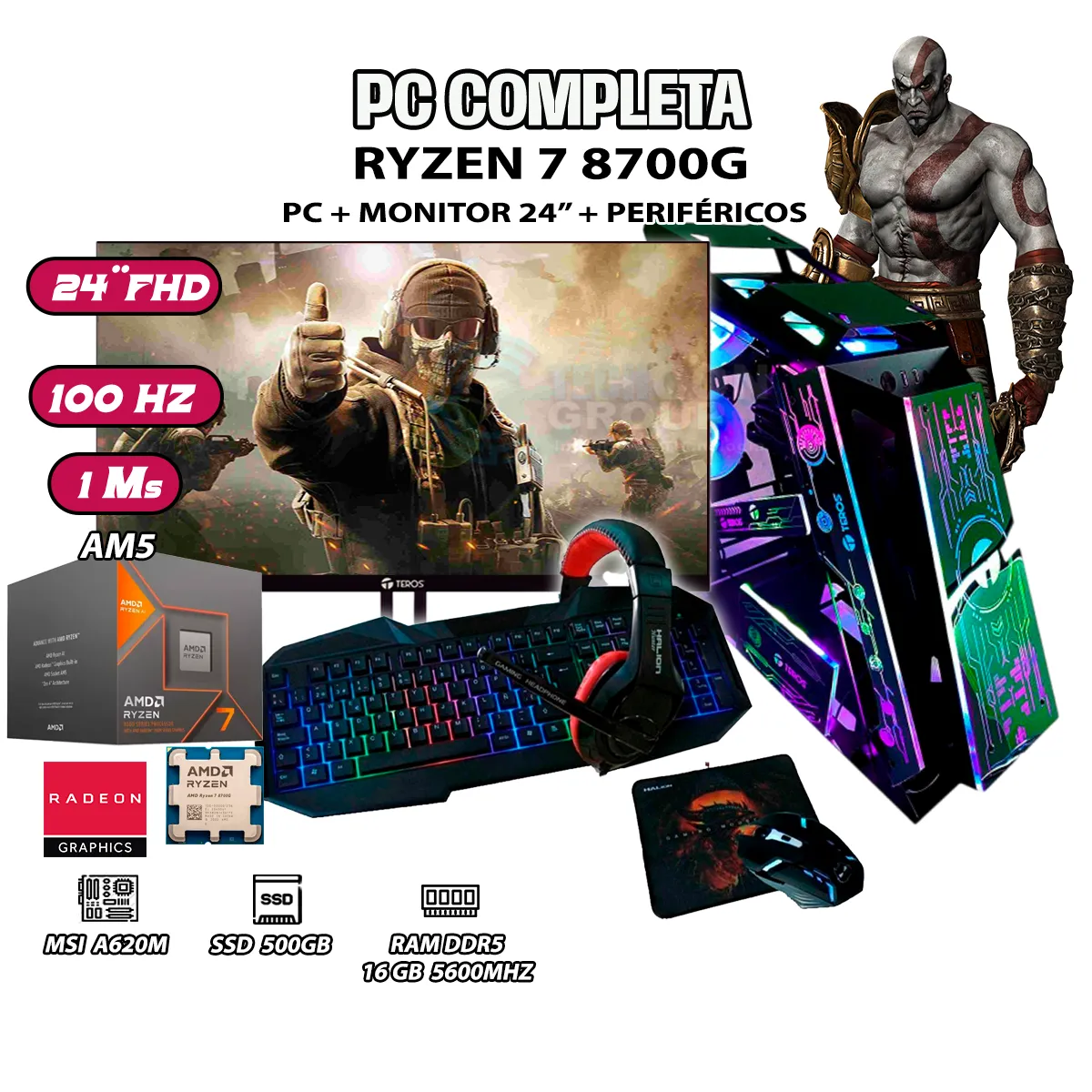 COMPUTADORA COMPLETA ROBOT RYZEN 7 8700G RAM DDR5 16GB SSD 500GB SSD MONITOR 24' - 1