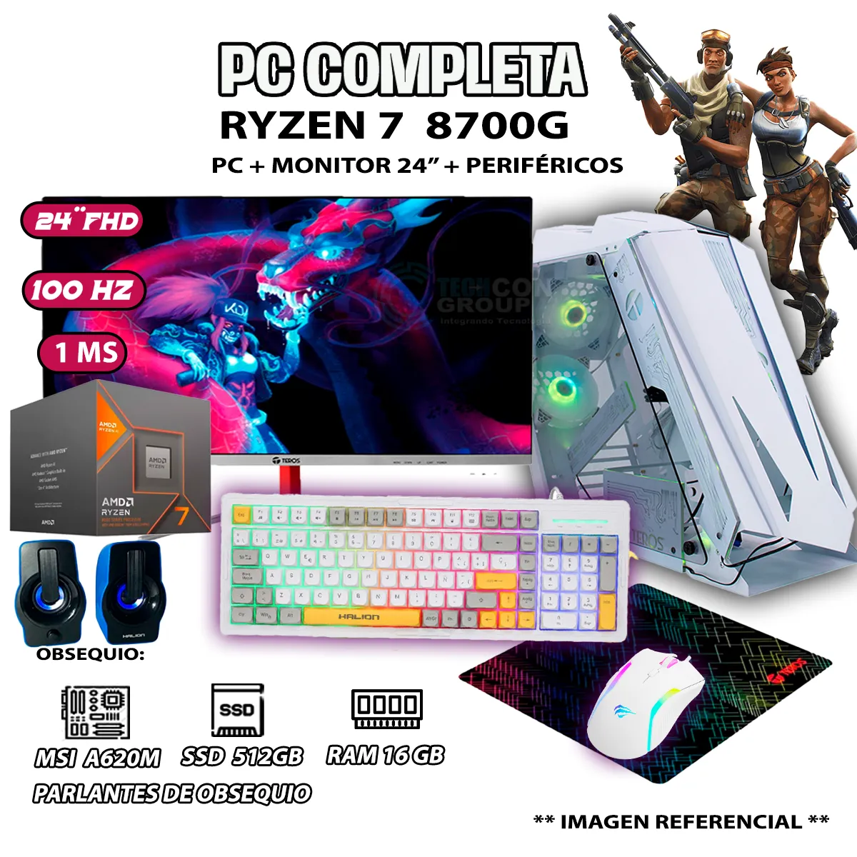 COMPUTADORA PC COMPLETA RYZEN 7 8700G RAM DDR5 16GB SSD 500GB MONITOR 24' FULL HD - 1