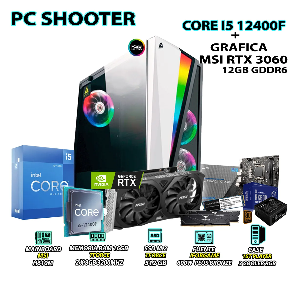 COMPUTADORA GAMER SHOOTER CORE I5 12400F RAM 16GB SSD 500GB RTX 5060 8GB - 1