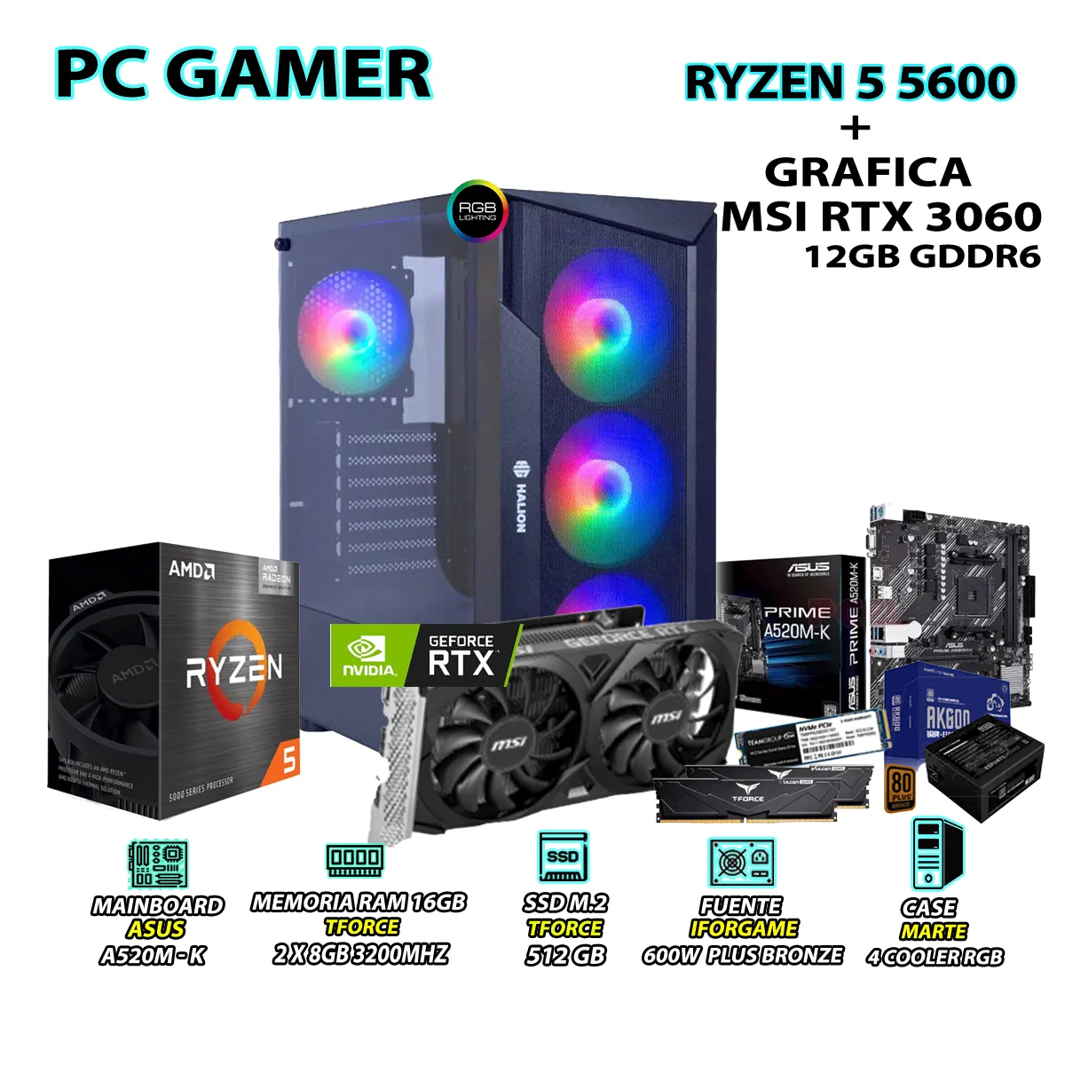 COMPUTADORA GAMER PRO RYZEN 5 5600 RAM 16GB SSD 500GB RTX 5060 8GB - 1