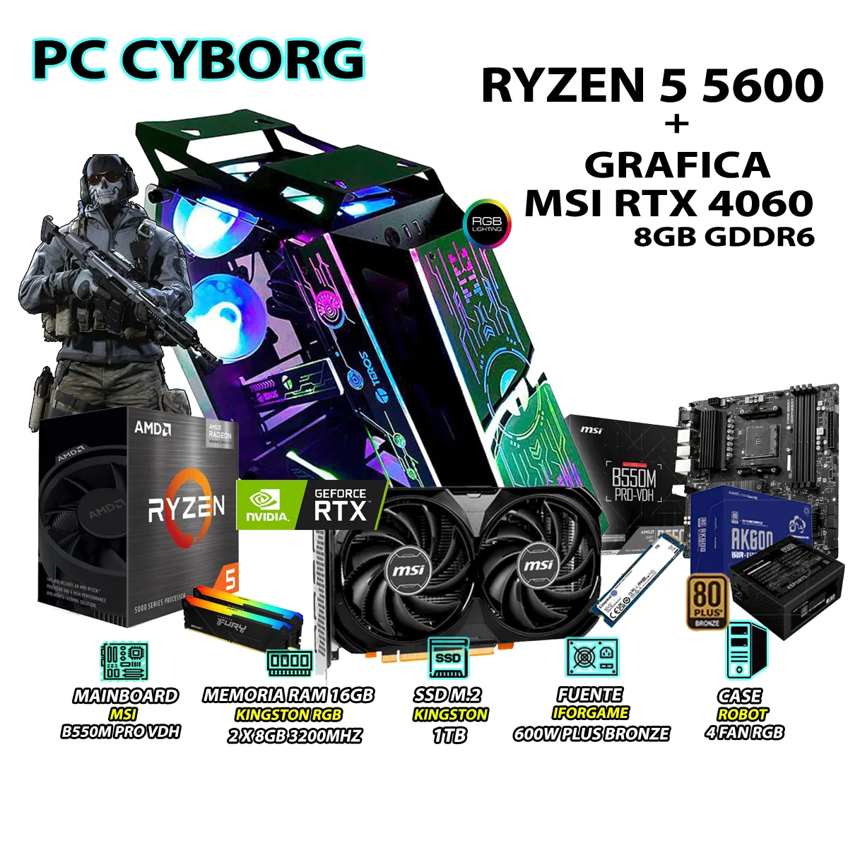 COMPUTADORA PC RYZEN 5 5600 RAM 16GB SSD 1TB GRAFICA MSI RTX 5060 8GB - 1