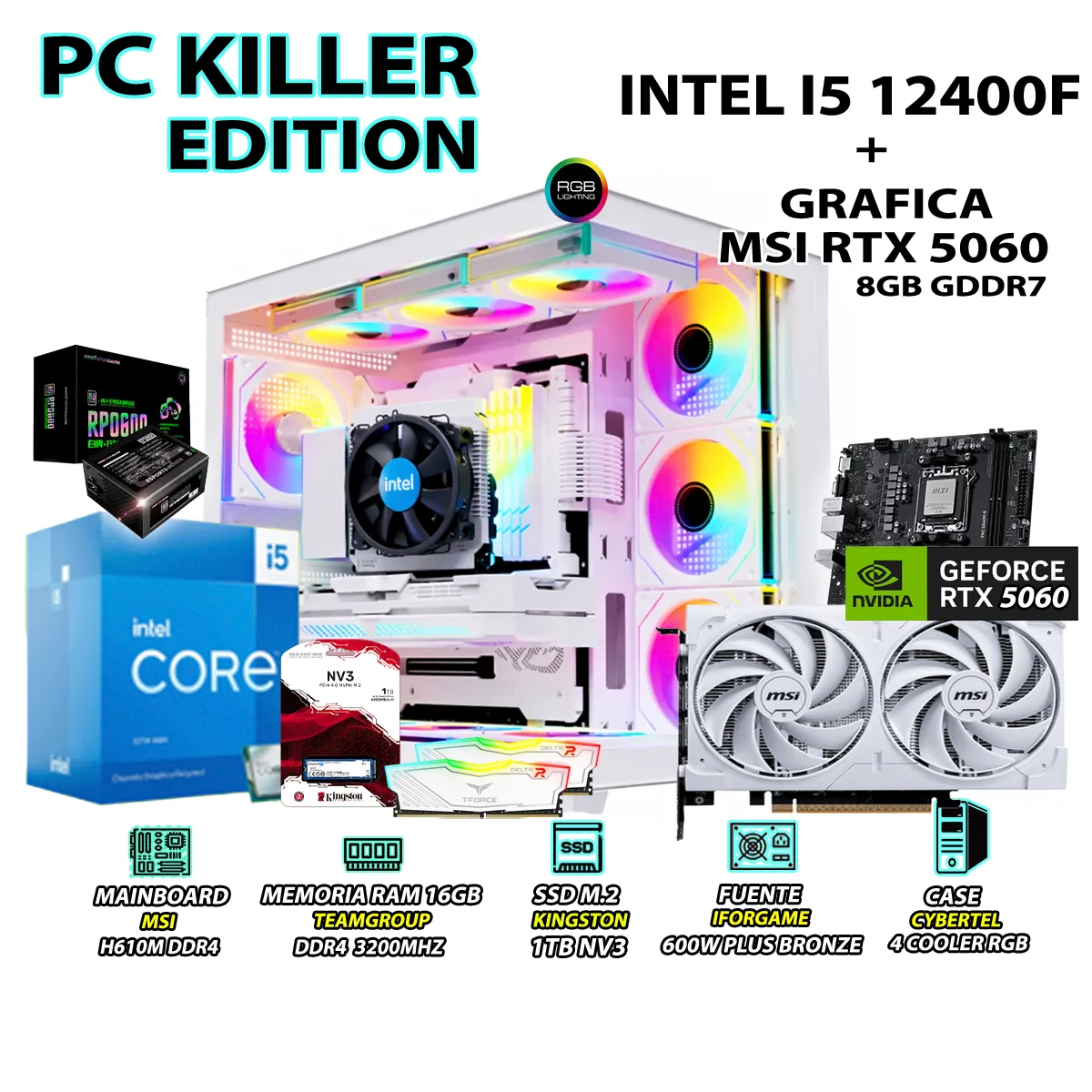 COMPUTADORA GAMER PRO I5 12400F RAM 16GB DDR4 SSD 1TB GRAFICA RTX 5060 8GB - 1