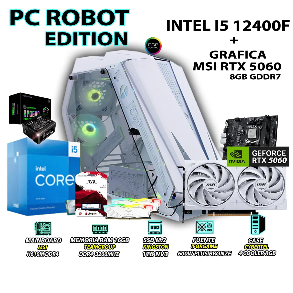 COMPUTADORA GAMER PRO I5 12400F RAM 16GB DDR4 SSD 1TB GRAFICA RTX 5060 8GB - 1