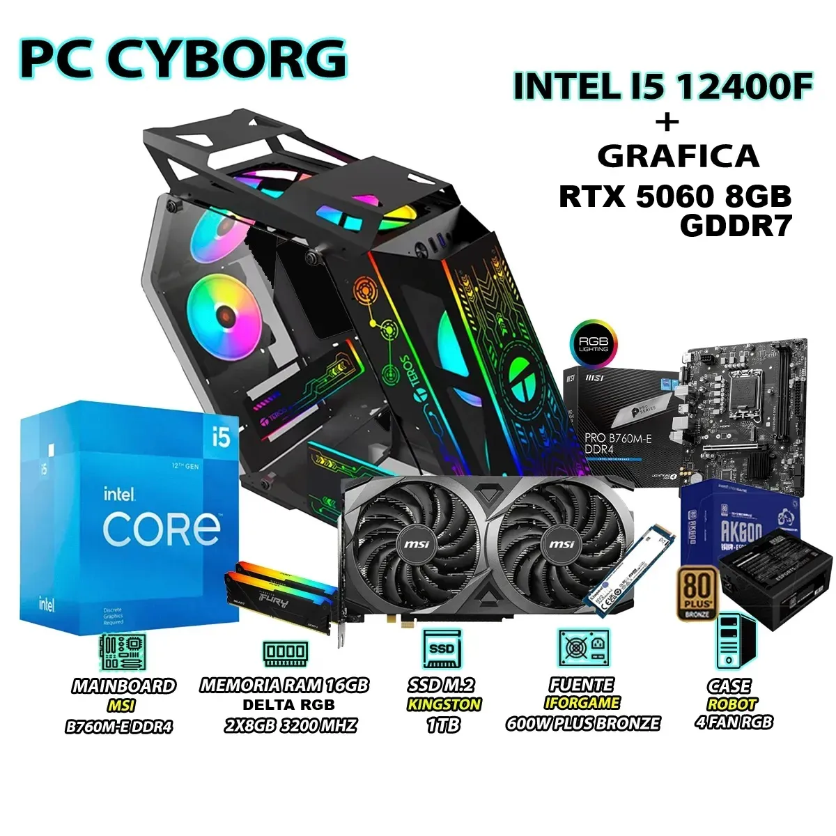 COMPUTADORA GAMER CYBORG CORE I5 12400F RAM 16GB SSD 1TB RTX 5060 8GB - 1