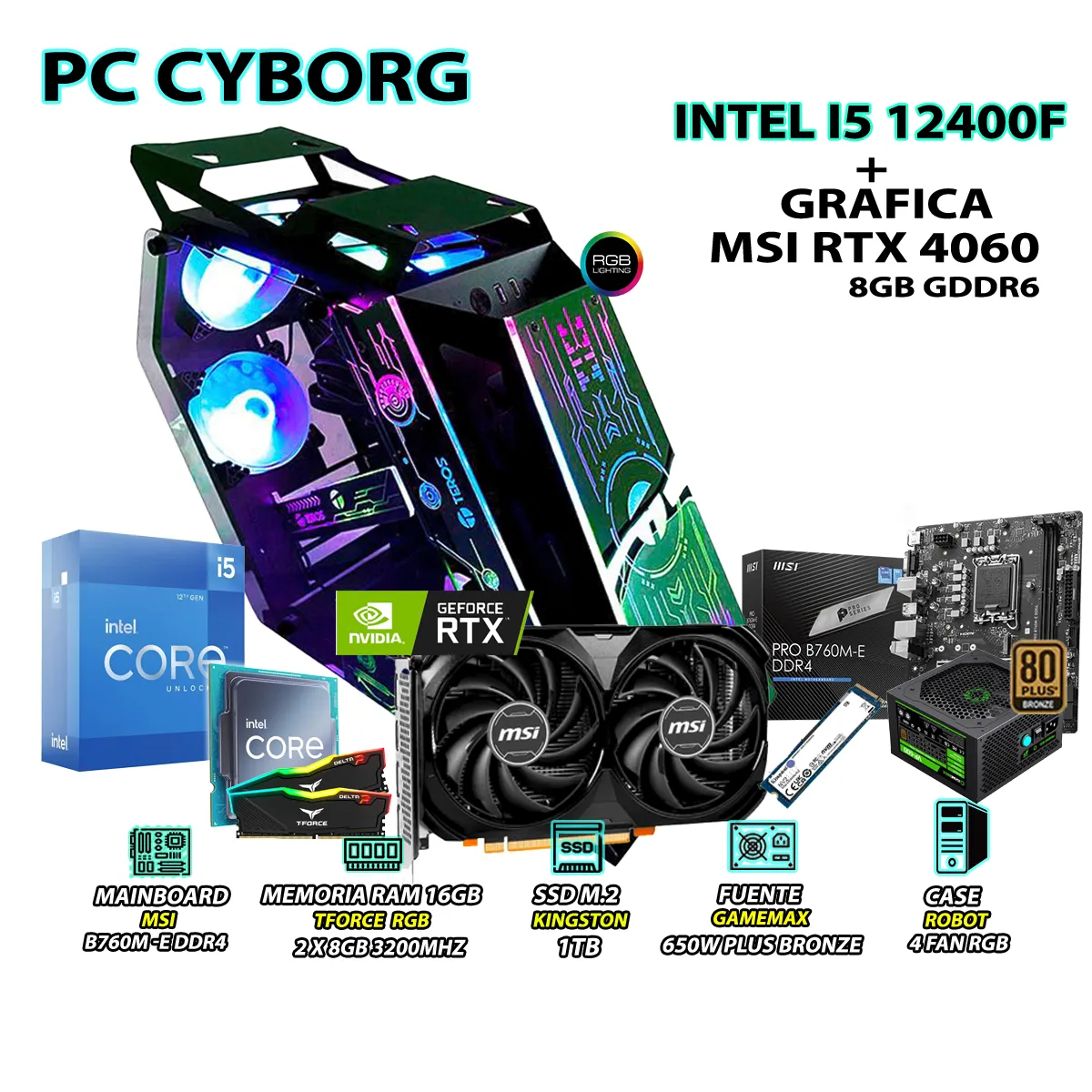 COMPUTADORA PC GAMER INTEL CORE I5 12400F RAM 16GB SSD 1TB RTX 4060 8GB - 1