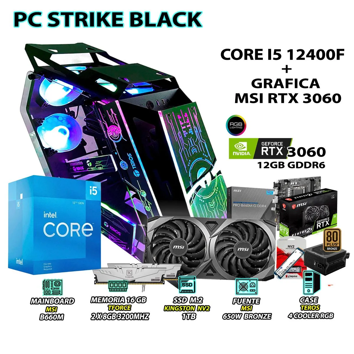 COMPUTADORA GAMER STRIKE CORE I5 12400F RAM 16GB SSD 1TB RTX 3060 12GB - 1