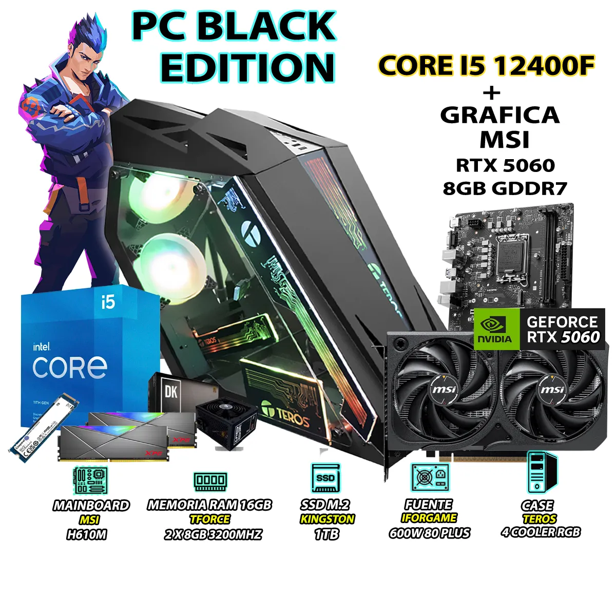 COMPUTADORA PC GAMER INTEL CORE I5 12400F RAM 16GB SSD 1TB RTX 5060 8GB - 1