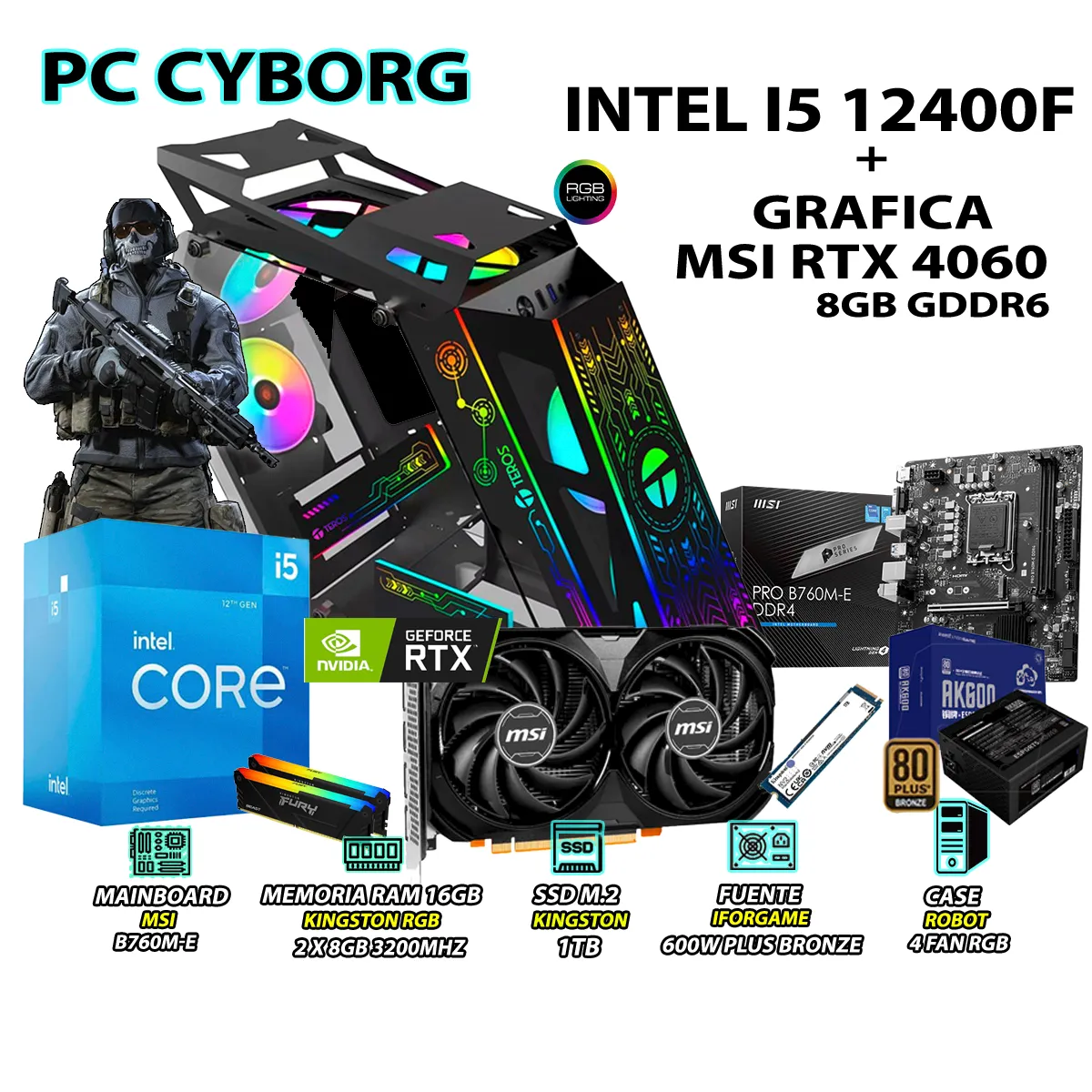 COMPUTADORA PC GAMER INTEL CORE I5 12400F RAM 16GB SSD 1TB RTX 4060 8GB - 1