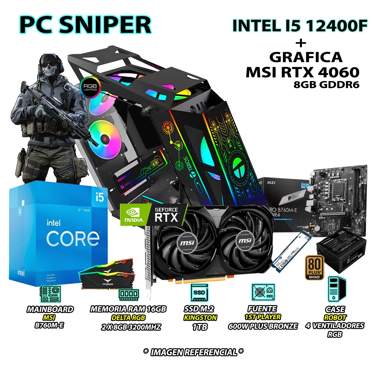 COMPUTADORA PC GAMER SNIPER INTEL CORE I5 12400F RAM 16GB SSD 1TB RTX 4060 8GB - 1
