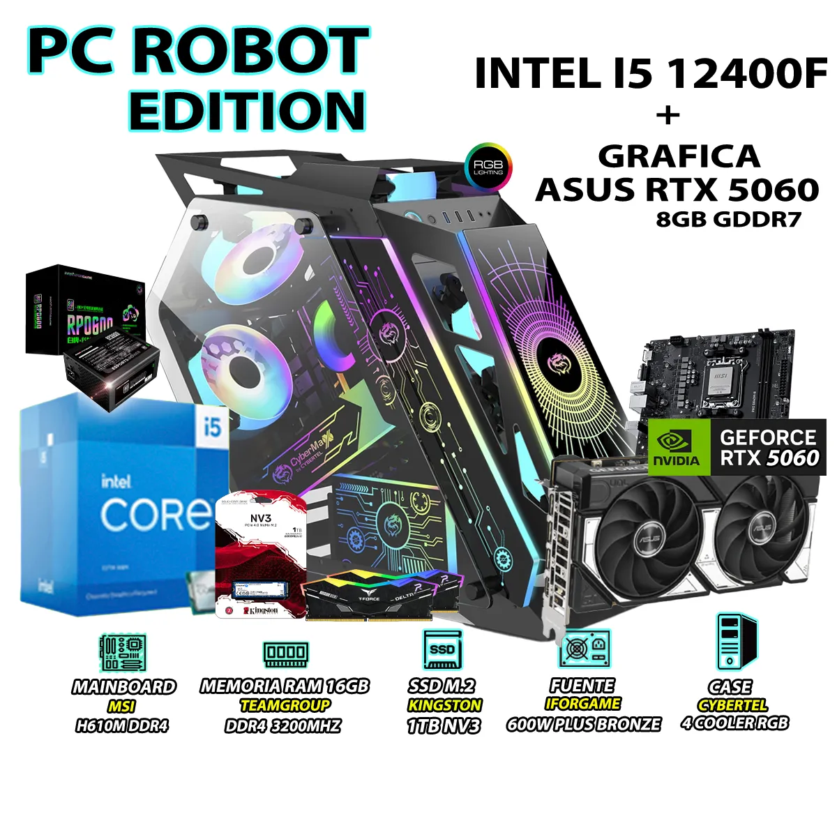 COMPUTADORA GAMER PRO I5 12400F RAM 16GB DDR4 SSD 1TB GRAFICA RTX 5060 8GB - 1