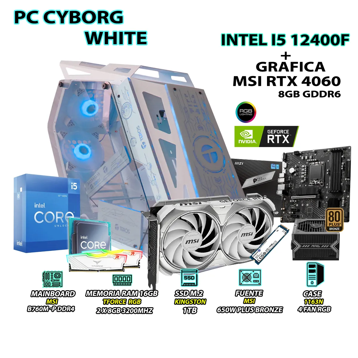 COMPUTADORA PC GAMER WHITE INTEL CORE I5 12400F RAM 16GB SSD 1TB RTX 4060 8GB - 1
