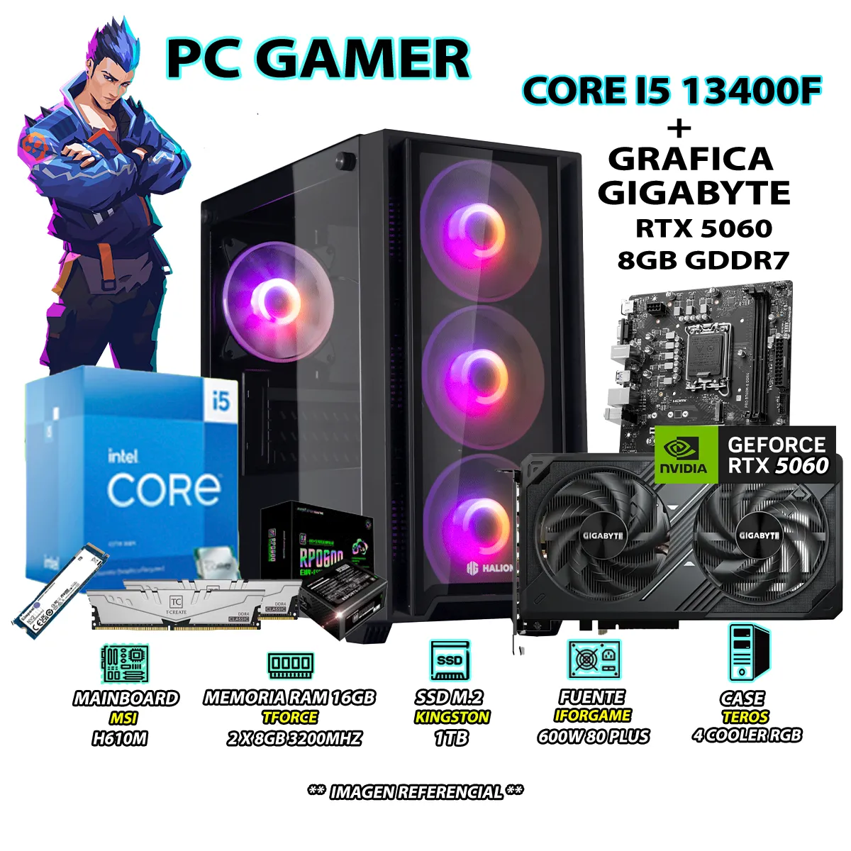 COMPUTADORA PC GAMER INTEL CORE I5 13400F RAM 16GB SSD 1TB RTX 5060 8GB - 1