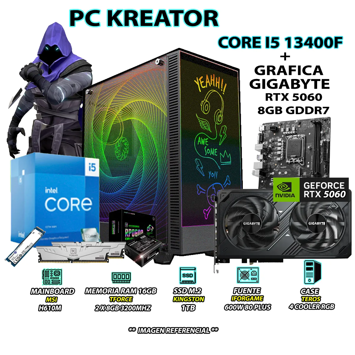COMPUTADORA PC GAMER INTEL CORE I5 13400F RAM 16GB SSD 1TB RTX 5060 8GB - 1