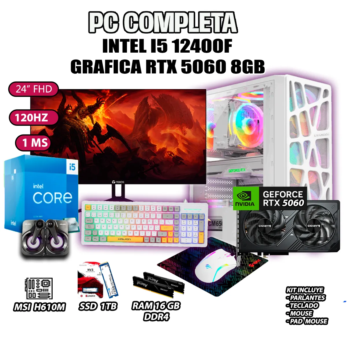 COMPUTADORA GAMER COMPLETA PECERA CORE I5 12400F RAM 16GB SSD 1TB RTX 5060 8GB - 1