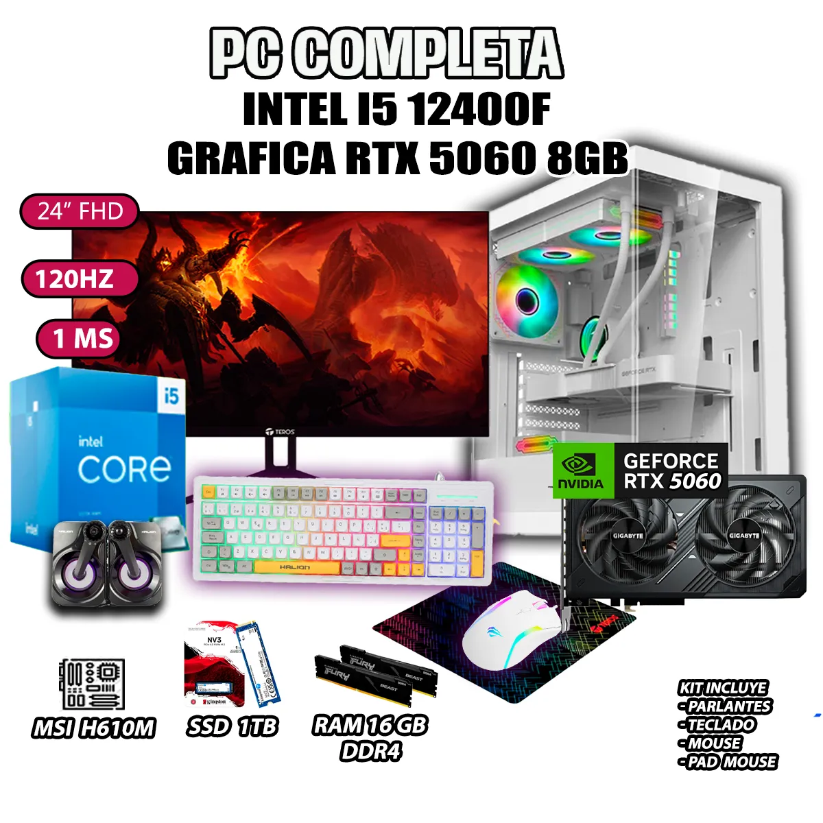COMPUTADORA GAMER COMPLETA PECERA CORE I5 12400F RAM 16GB SSD 1TB RTX 5060 8GB - 1