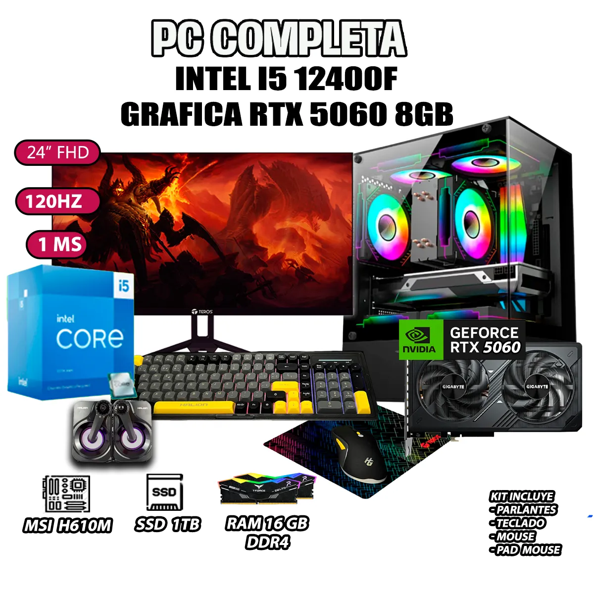 COMPUTADORA GAMER COMPLETA PECERA CORE I5 12400F RAM 16GB SSD 1TB RTX 5060 8GB - 1