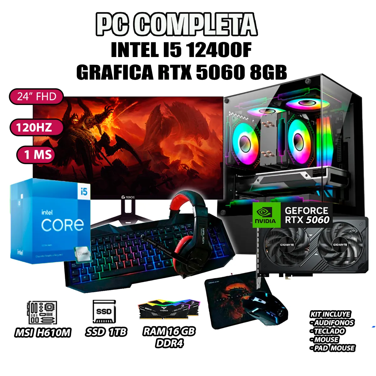 COMPUTADORA GAMER COMPLETA PECERA CORE I5 12400F RAM 16GB SSD 1TB RTX 5060 8GB - 1