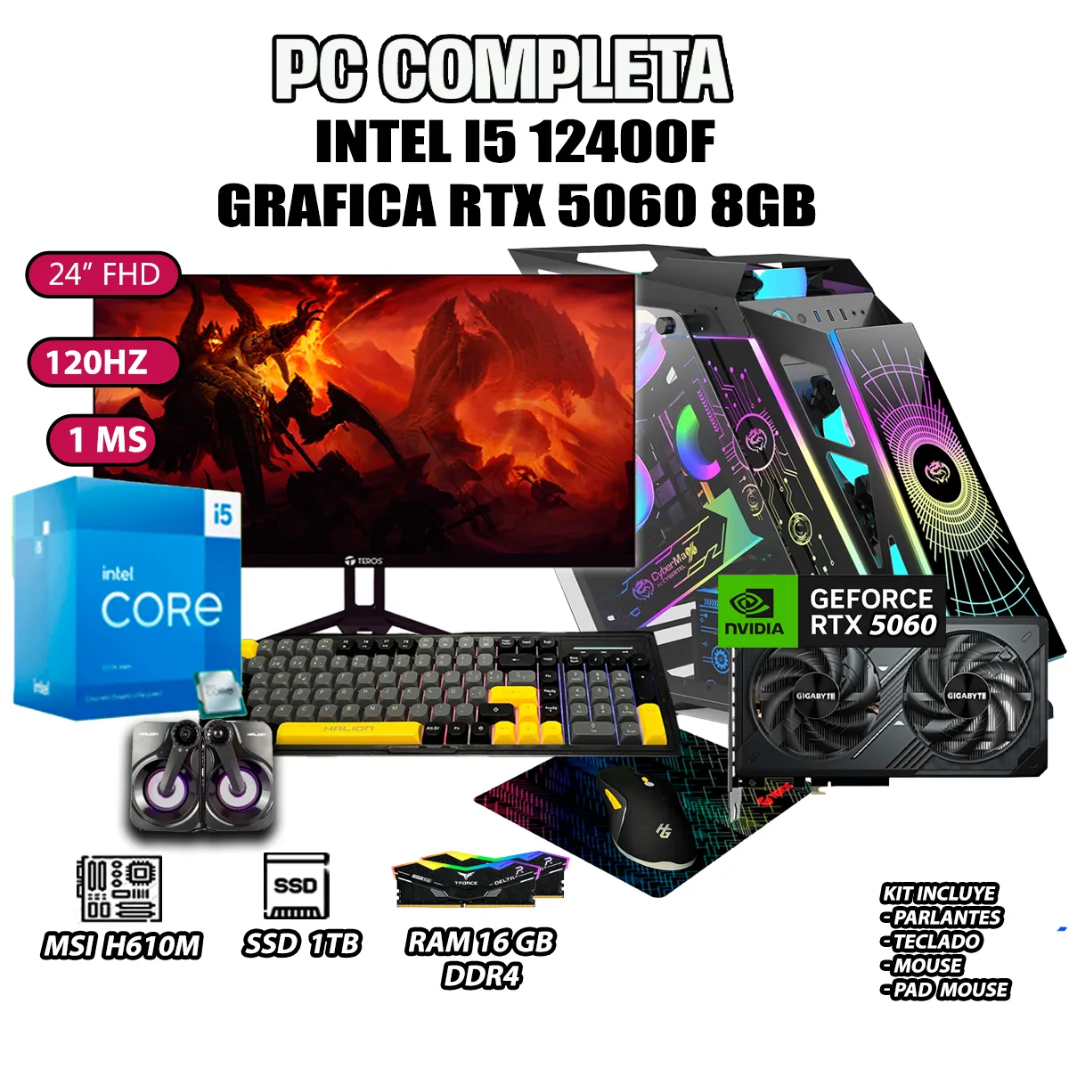 COMPUTADORA GAMER COMPLETA ROBOT CORE I5 12400F RAM 16GB SSD 1TB RTX 5060 8GB - 1