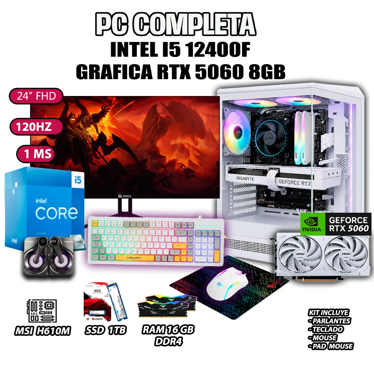 COMPUTADORA GAMER COMPLETA PECERA CORE I5 12400F RAM 16GB SSD 1TB RTX 5060 8GB - 1