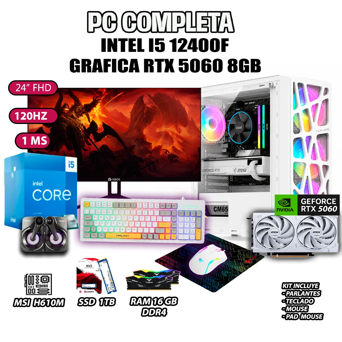 COMPUTADORA GAMER COMPLETA PECERA CORE I5 12400F RAM 16GB SSD 1TB RTX 5060 8GB - 1