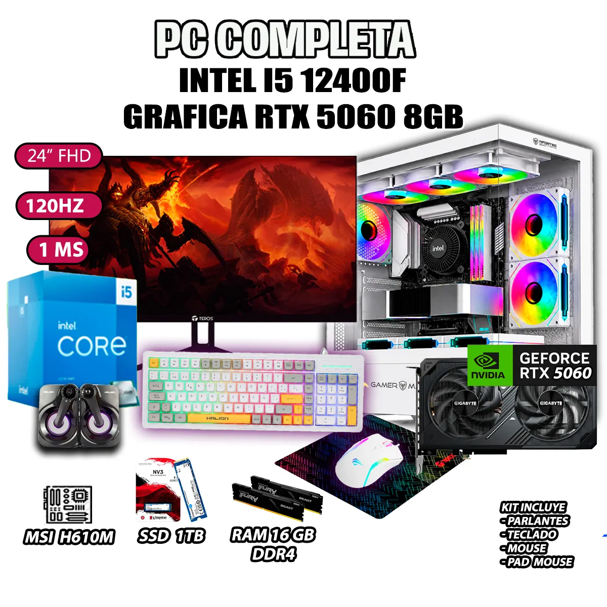COMPUTADORA GAMER COMPLETA PECERA CORE I5 12400F RAM 16GB SSD 1TB RTX 5060 8GB - 1