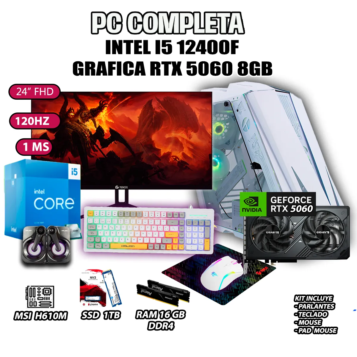 COMPUTADORA GAMER COMPLETA PECERA CORE I5 12400F RAM 16GB SSD 1TB RTX 5060 8GB - 1