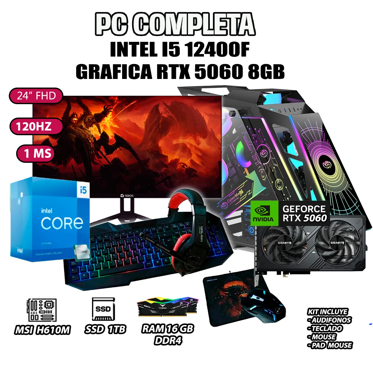 COMPUTADORA GAMER COMPLETA ROBOT CORE I5 12400F RAM 16GB SSD 1TB RTX 5060 8GB - 1