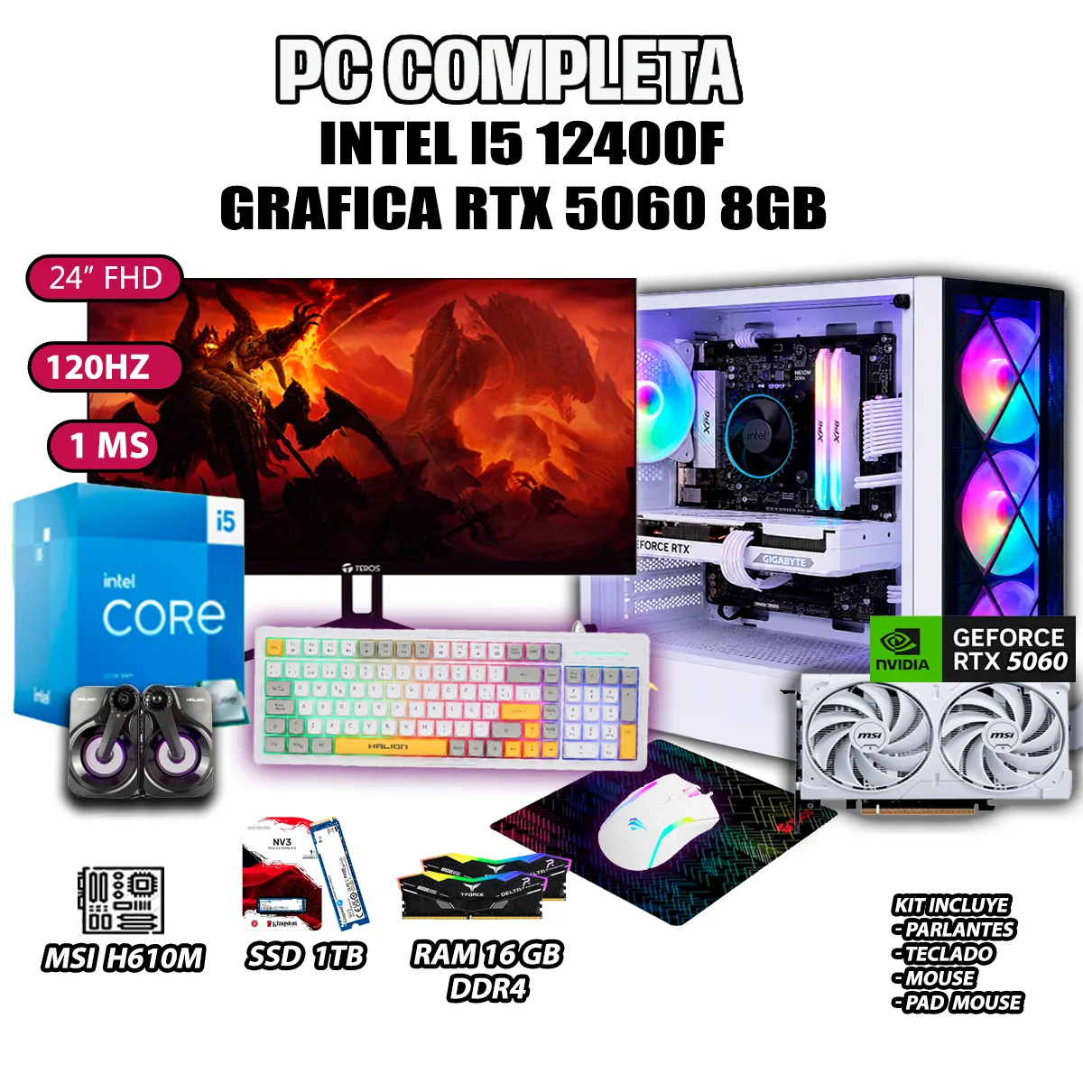 COMPUTADORA GAMER COMPLETA PECERA CORE I5 12400F RAM 16GB SSD 1TB RTX 5060 8GB - 1