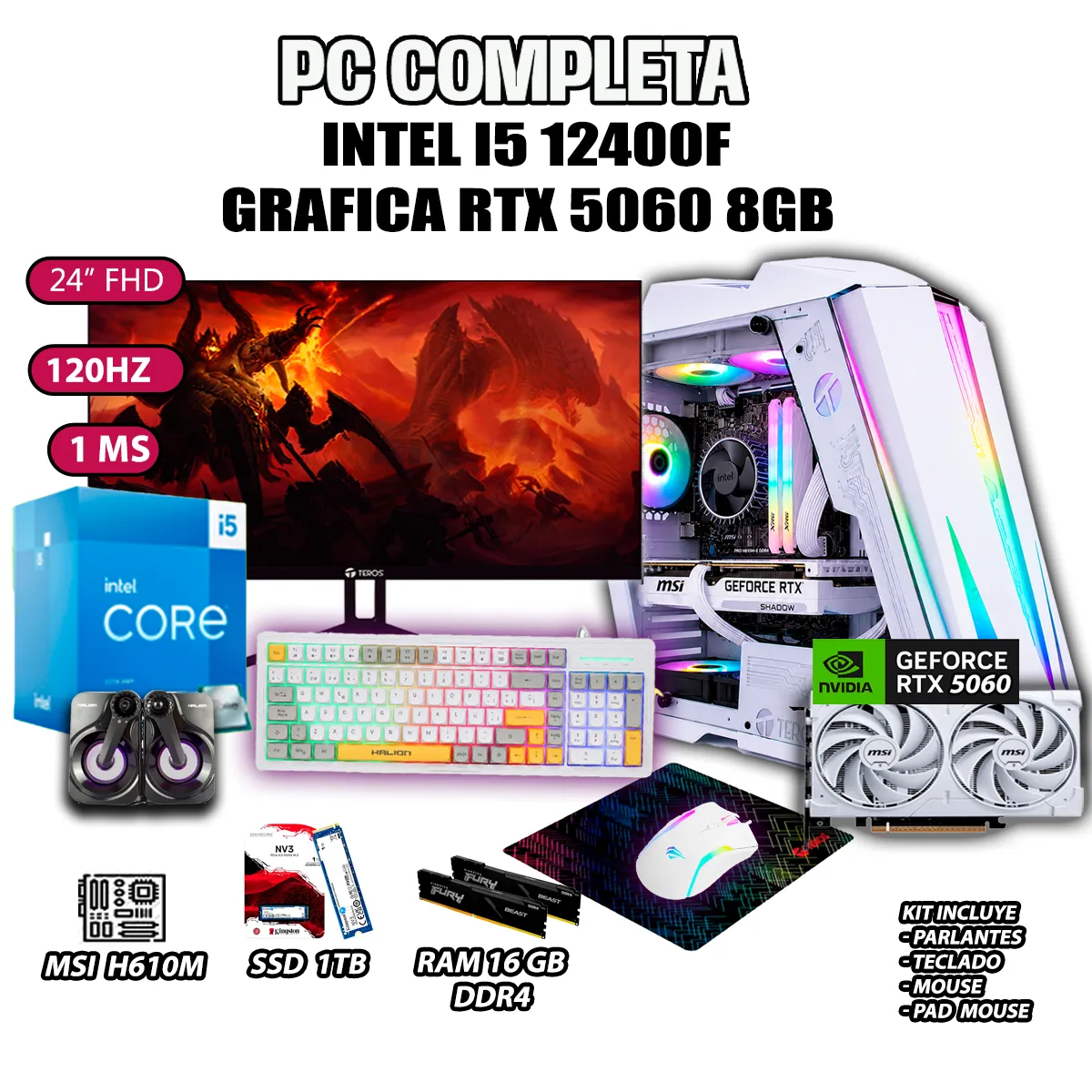 COMPUTADORA GAMER COMPLETA PECERA CORE I5 12400F RAM 16GB SSD 1TB RTX 5060 8GB - 1