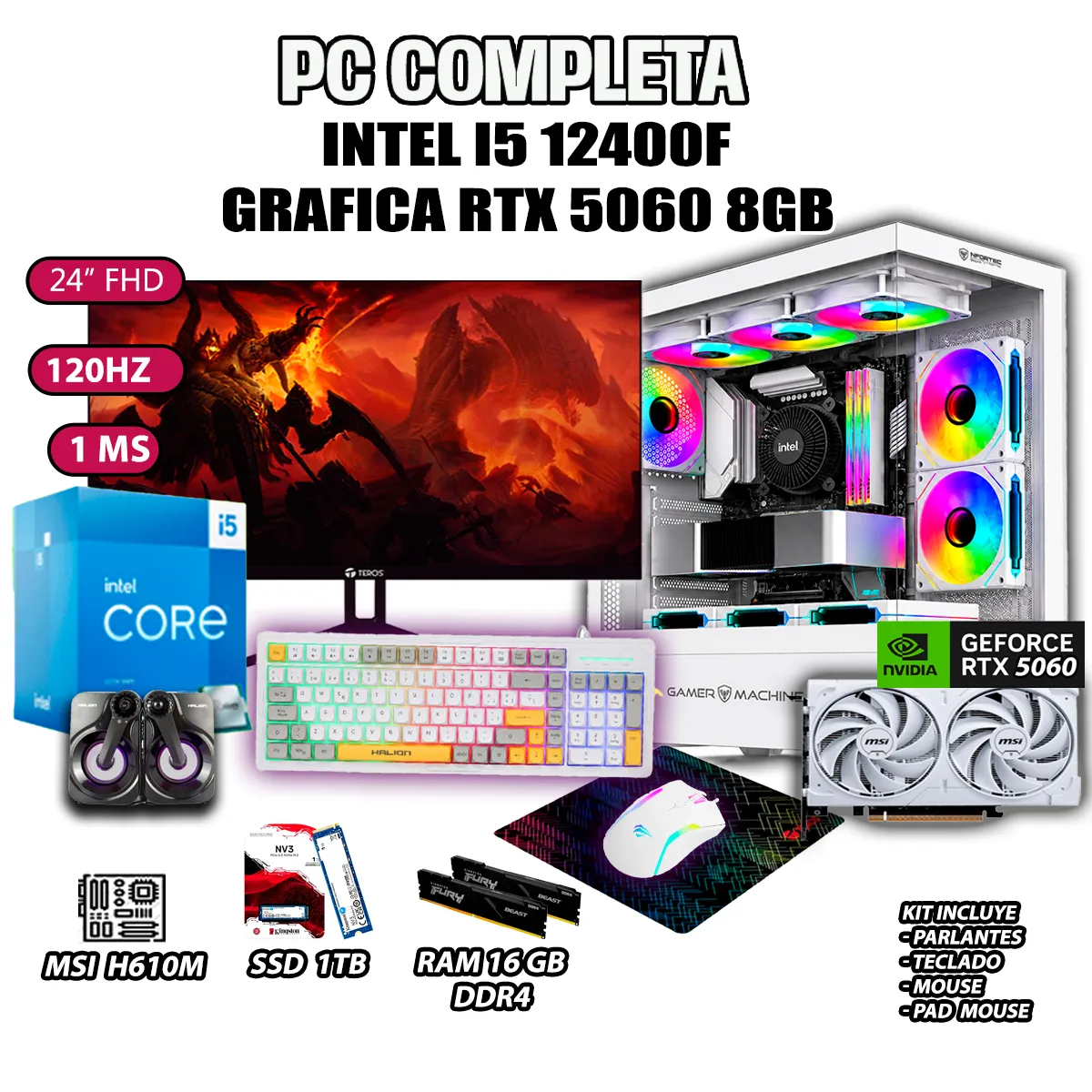 COMPUTADORA GAMER COMPLETA PECERA CORE I5 12400F RAM 16GB SSD 1TB RTX 5060 8GB - 1