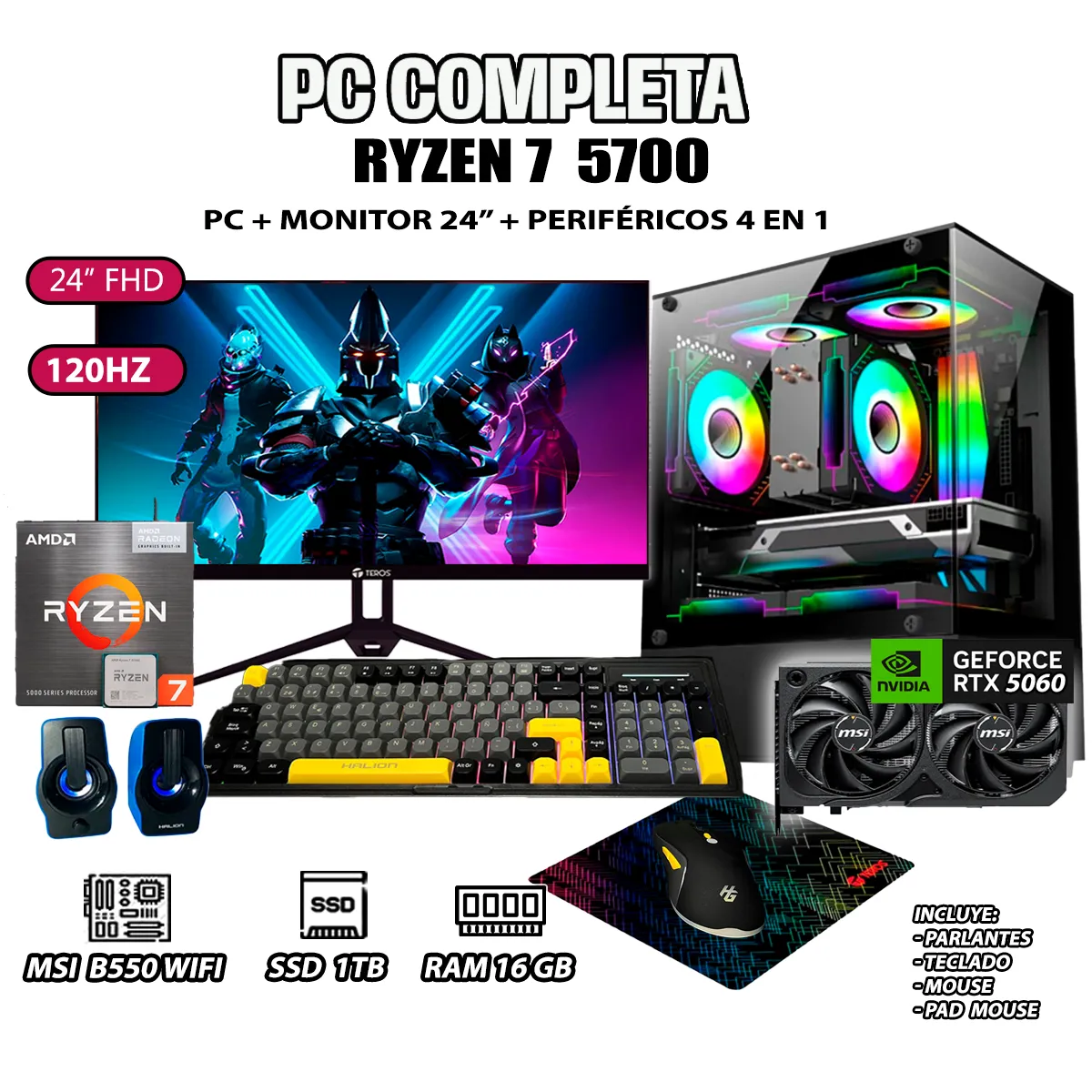 COMPUTADORA PC COMPLETA RYZEN 7 5700 RAM 16GB SSD 1TB GRAFICA RTX 5060 8GB - 1