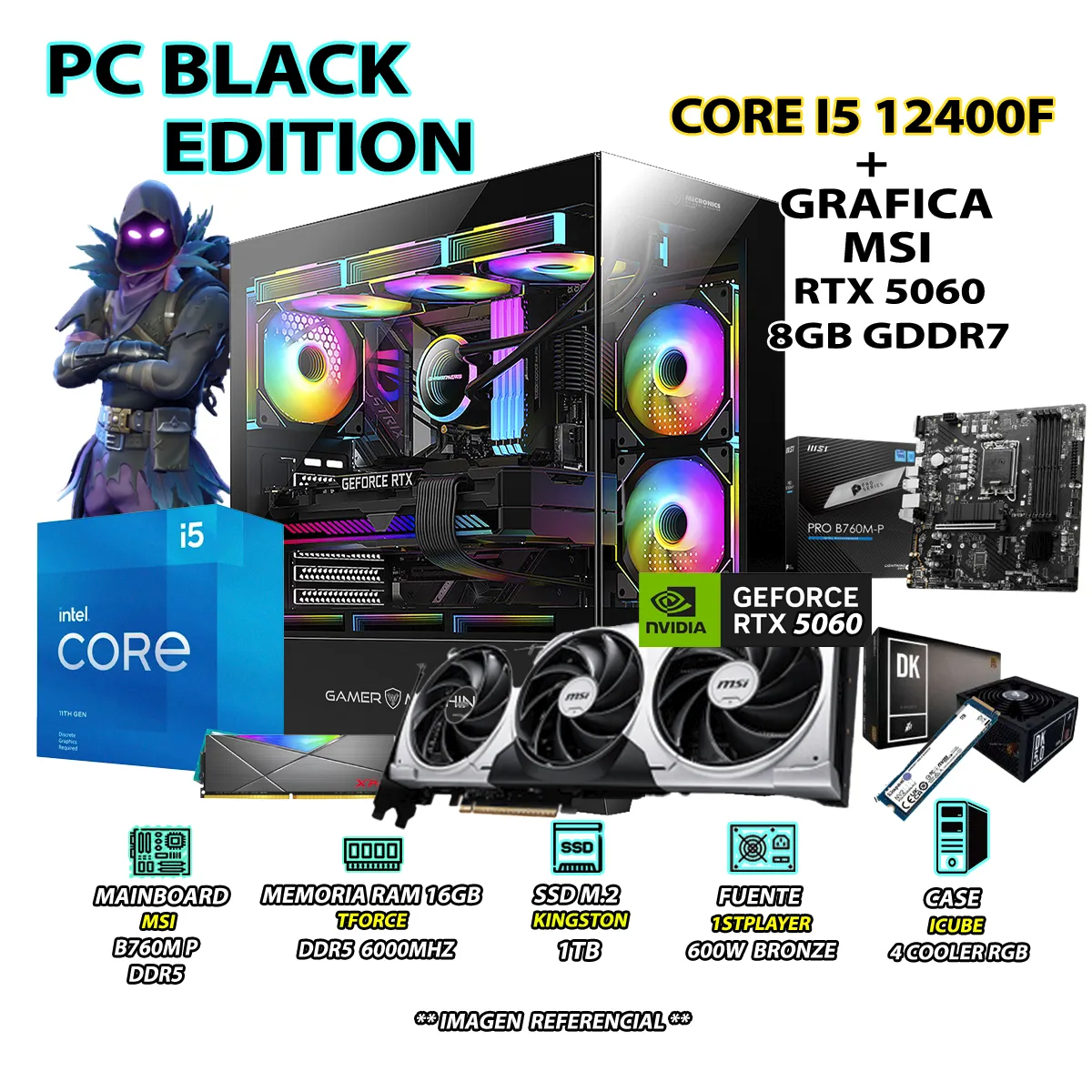 COMPUTADORA PC GAMER INTEL CORE I5 12400F RAM 16GB DDR5 SSD 1TB RTX 5060 8GB - 1