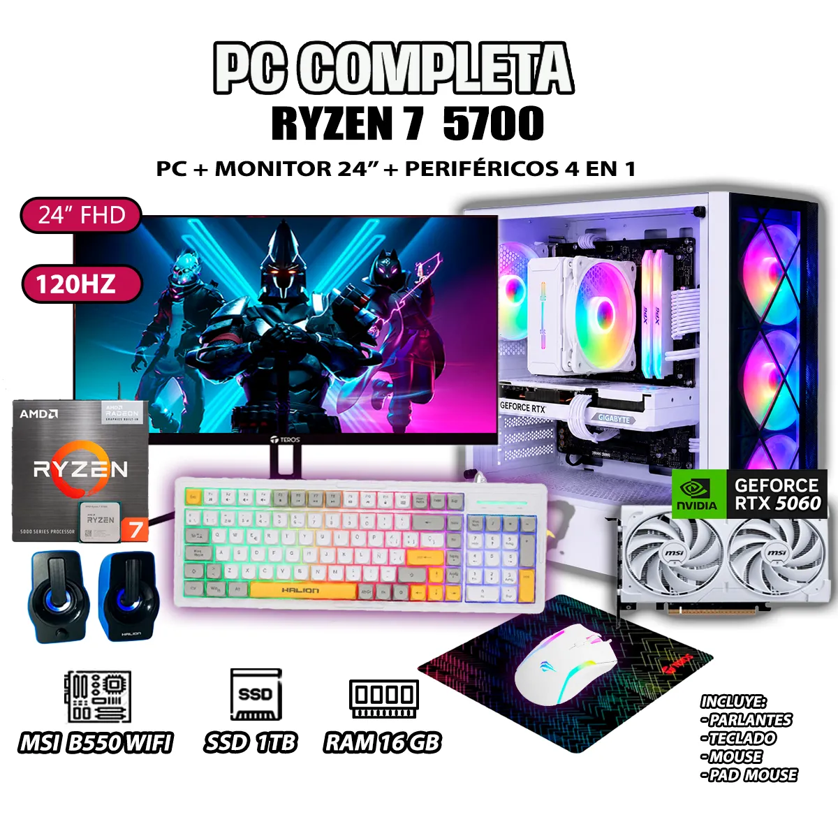 COMPUTADORA PC COMPLETA RYZEN 7 5700 RAM 16GB SSD 1TB GRAFICA RTX 5060 8GB - 1