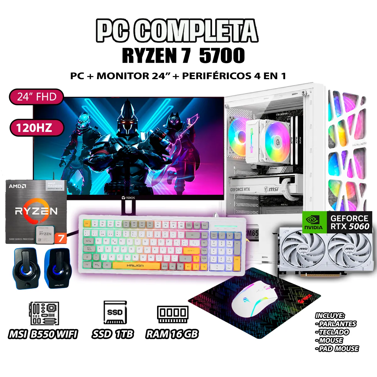 COMPUTADORA PC COMPLETA RYZEN 7 5700 RAM 16GB SSD 1TB GRAFICA RTX 5060 8GB - 1