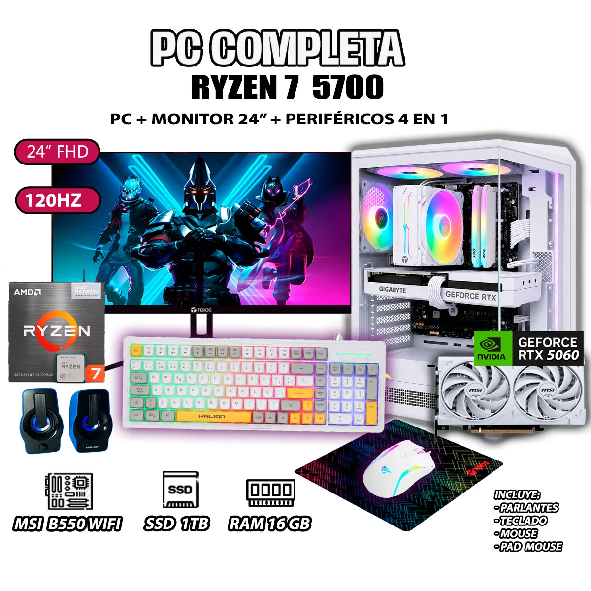 COMPUTADORA PC COMPLETA RYZEN 7 5700 RAM 16GB SSD 1TB GRAFICA RTX 5060 8GB - 1