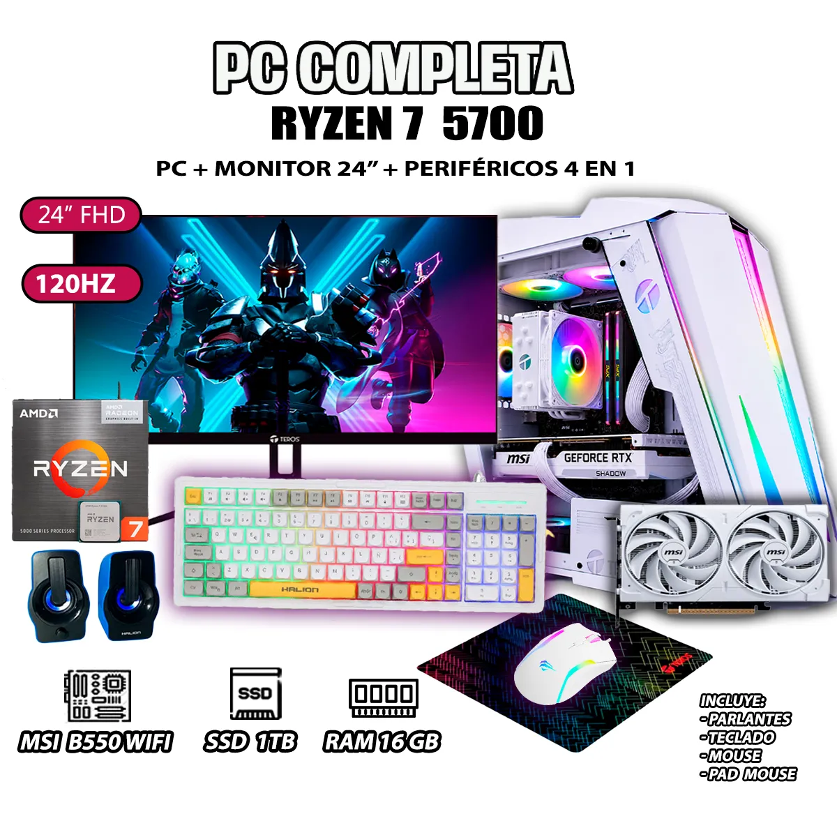 COMPUTADORA PC COMPLETA RYZEN 7 5700 RAM 16GB SSD 1TB GRAFICA RTX 5060 8GB - 1