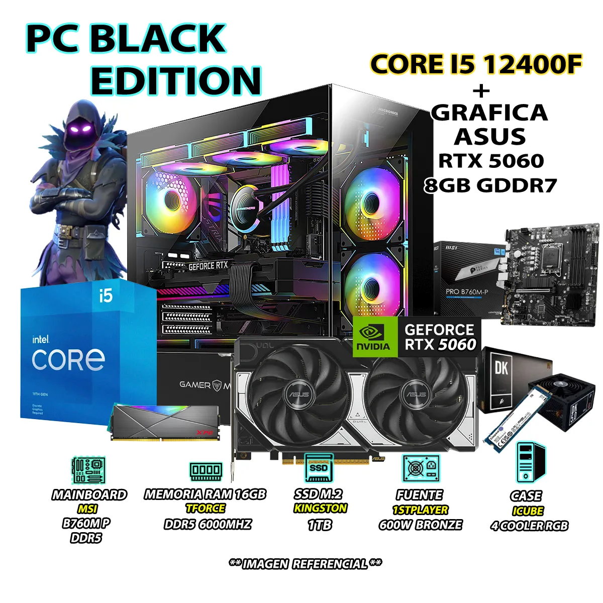 COMPUTADORA PC GAMER INTEL CORE I5 12400F RAM 16GB DDR5 SSD 1TB RTX 5060 8GB - 1