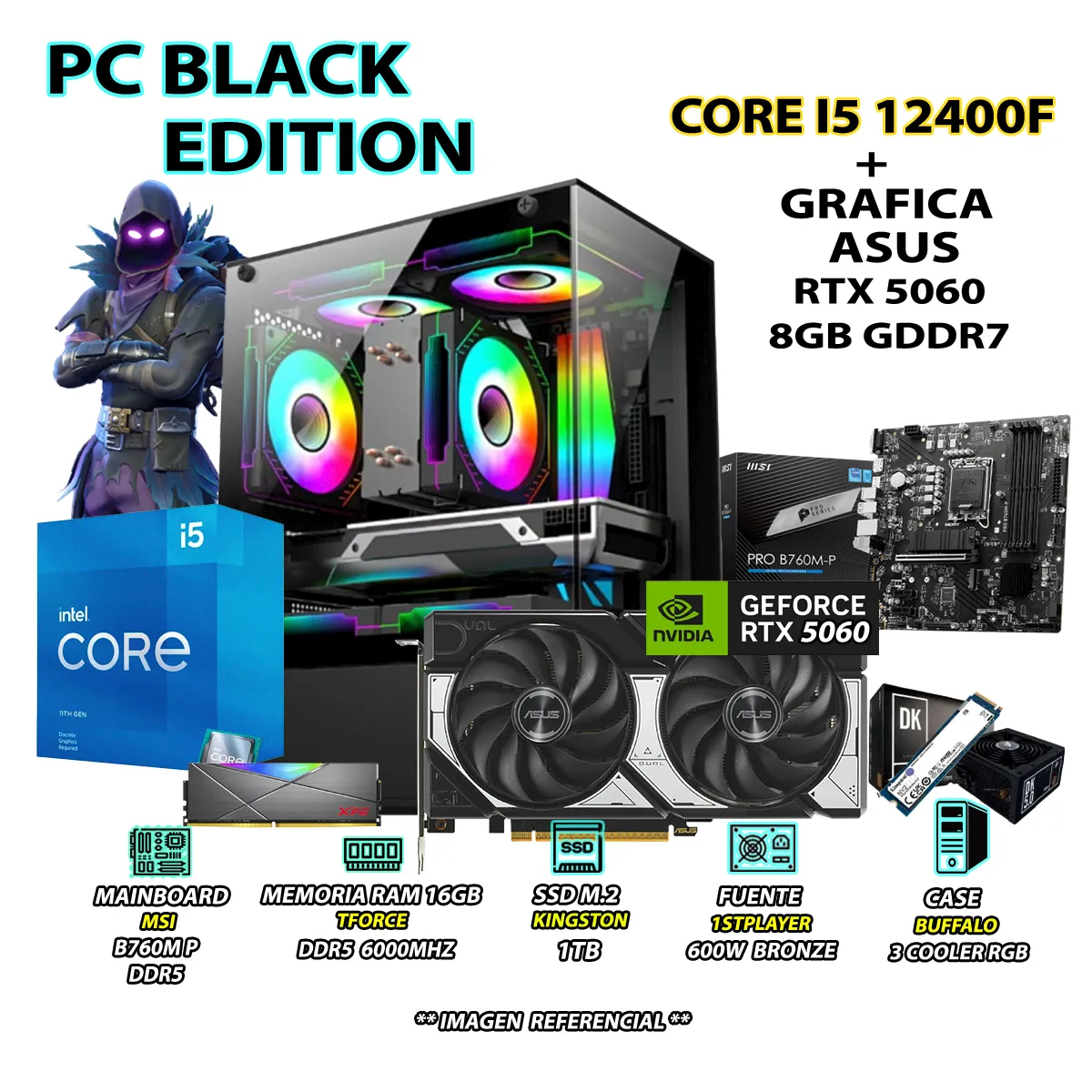 COMPUTADORA PC GAMER INTEL CORE I5 12400F RAM 16GB DDR5 SSD 1TB RTX 5060 8GB - 1