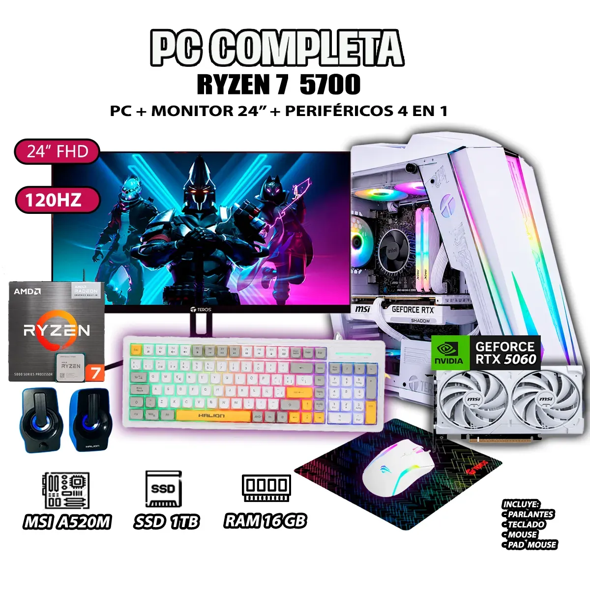 COMPUTADORA PC RYZEN 7 5700 RAM 16GB SSD 1TB GRAFICA RTX 5060 8GB - 1