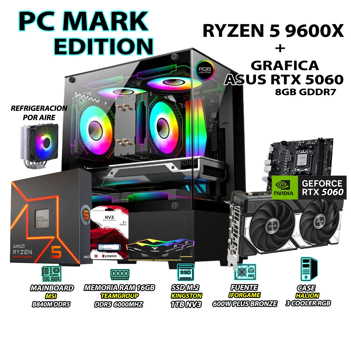 PC GAMER PRO XTREME RYZEN 5 9600X RAM 16GB DDR5 SSD 1TB GRAFICA RTX 5060 8GB - 1