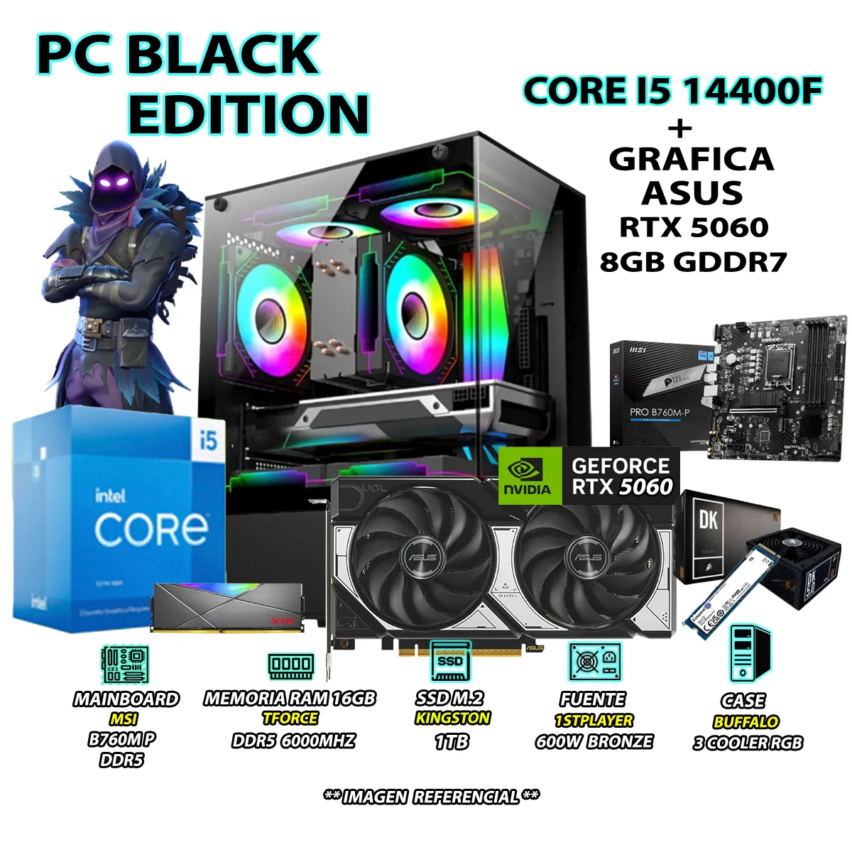COMPUTADORA PC GAMER INTEL CORE I5 14400F RAM 16GB DDR5 SSD 1TB RTX 5060 8GB - 1